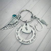 Son Memorial - Always in my heart - Fishing Son Keychain - I miss you dad - Sympathy Gift - Parent Loss - I have an Angel - Fishing Memorial