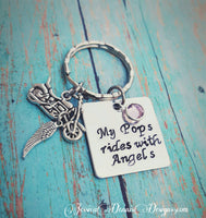 Personalized "My Pops rides with angels" Motorcycle "My Dad rides with angels" Memorial hand stamped swarovski crystal birthstone