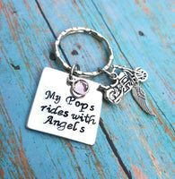 Personalized "My Pops rides with angels" Motorcycle "My Dad rides with angels" Memorial hand stamped swarovski crystal birthstone