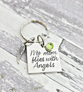 Personalized "My Mom flies with angels" "My Dad flies with angels" Memorial hand stamped swarovski crystal birthstone necklace or keychain