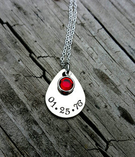 Swarvorski birthstone personalized necklace* Dainty Pewter Teardrop * Name disc * Bridesmaids gifts* Maid of honor * Hand Stamped* Birthday