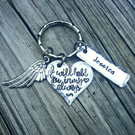 Memorial Keychain - Personalized - Hand Stamped - Angel Wings - Name - Dad - Mom - Custom made - I'll hold you in my heart always - Custom