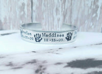 
              Mother's Bracelet - Mom Gift - Grandmother's Bracelet - Grandma Gift - Custom Hand Stamped Hand print Cuff Bracelet - Names and birthdates
            