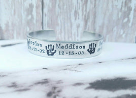 Mother's Bracelet - Mom Gift - Grandmother's Bracelet - Grandma Gift - Custom Hand Stamped Hand print Cuff Bracelet - Names and birthdates