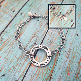 Pewter washer Mother's Bracelet - Washer Pendant - Mom Gift - Grandma Gift - Stainless steel- Hand Stamped Jewelry Personalized - Pearl