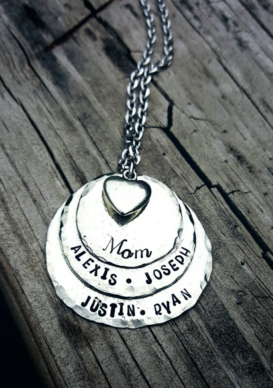Mother's Necklace Layer Pewter Disc Necklace, Mom Gift, Mother's Day, Personalized Hand Stamped Sterling Silver Alternative
