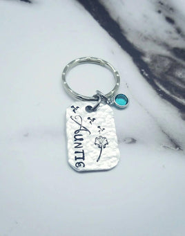 Auntie Keychain - Custom Made Dandelion Keychain - Aunt Gift - Birthstone Keychain - Hand Stamped - Personalized Keychain