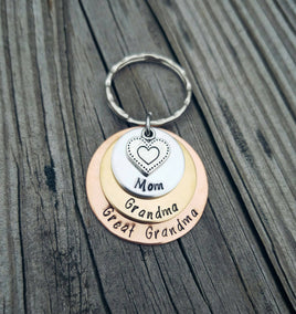 Mixed Metals 3 Disc Keychain - Mom - Grandma - Great-Grandma - Generation Keychain - Hand Made - Hand Stamped - Personalized - Rustic