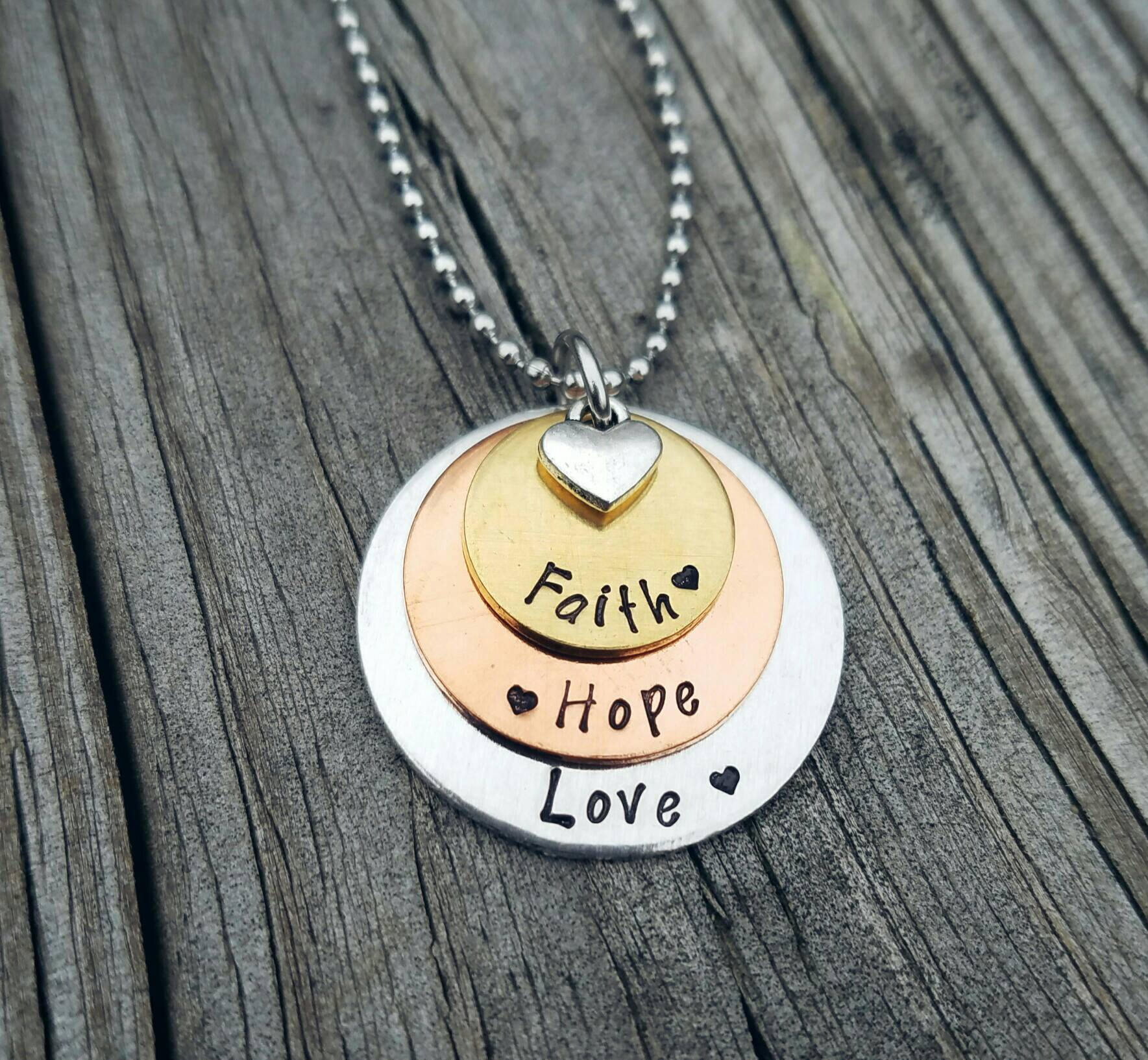 Mixed Metals Layered necklace Faith Hope Love Custom Orders accepted! Copper NuGold Aluminum Hand Stamped Religious Necklace