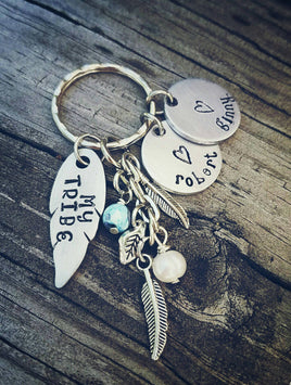 My Tribe Keychain - Custom Hand Stamped Feather - Mom Gift - Wife Gift - Feathers Beads - Freshwater Pearl Keychain - Personalized Key Ring