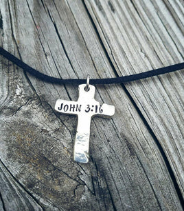 Custom Rustic Cross Necklace - John 3:16 - Pewter Cross Necklace - Men's Necklace - Bible Verse Necklace - Choose your characters