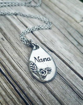 Nana Rose Necklace - Pewter Teardrop Pendant Necklace - Customize it! Mimi, Nana, Mom, Up to 4 characters - Rose Jewelry - Hand Stamped