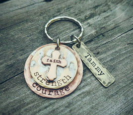 Rustic Personalized Keychain - Faith Strength Courage - Sobriety Gift - Sympathy Gift - Mixed Metals Keychain - Cross Key Chain -Custom made