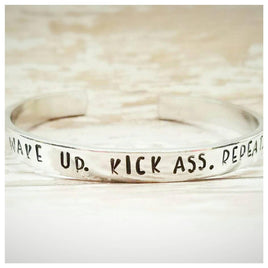 Wake up. Kick Ass. Repeat. Cuff Bracelet - Hypoallergenic - Hand Stamped Motivation Bracelet - Quote Bangle
