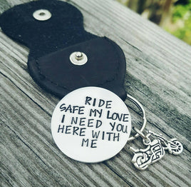 Motorcycle Rider Leather Keychain with Hand Stamped Coin - Ride Safe I Need You Here With Me - Biker Husband - Boyfriend Gift