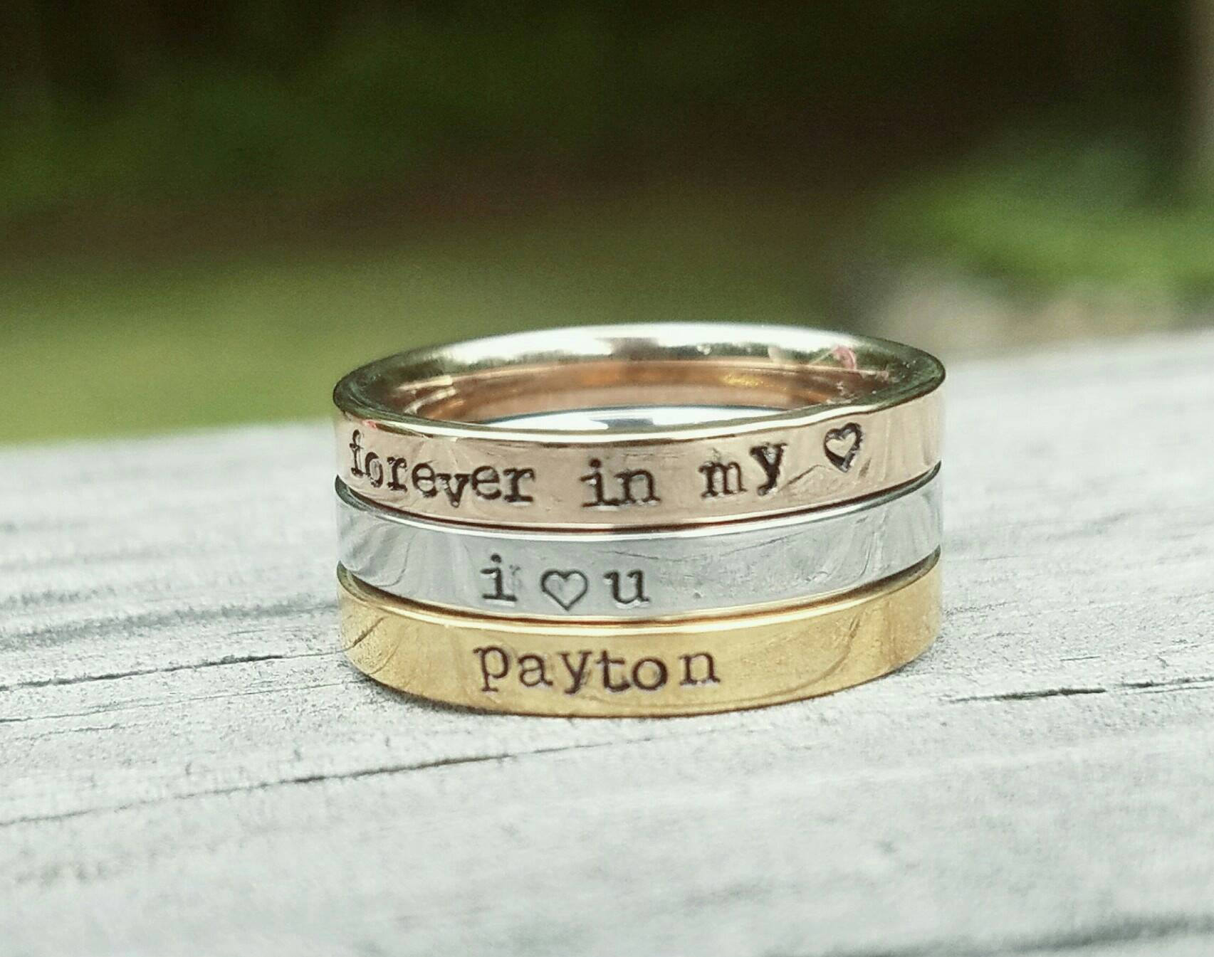 Stacking Personalized Ring Wear alone or as a set! Stainless Steel Hand stamped rings Name Ring Rose Gold, Gold, and Silver Custom