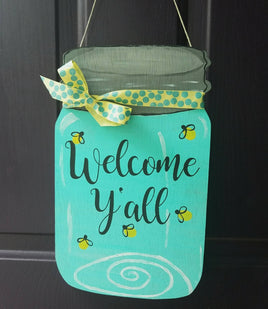 Mason Jar Door Hanger - Hand Painted Door Sign - Welcome Y'all - Fireflies in a Mason Jar - Teal Door Hanging - Wood Door Sign - Welcome