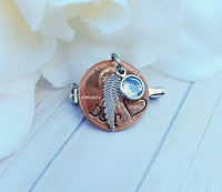 
              Something Blue Memorial Pin - Penny Pin - Bouquet Charm - Pennies from Heaven Pin - Custom Hand Stamped Penny - Blue Crystal - In memory of
            