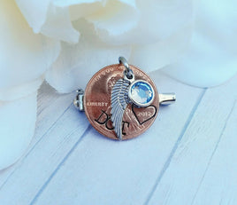 Something Blue Memorial Pin - Penny Pin - Bouquet Charm - Pennies from Heaven Pin - Custom Hand Stamped Penny - Blue Crystal - In memory of
