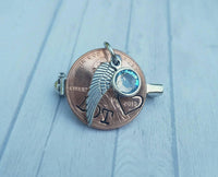 
              Something Blue Memorial Pin - Penny Pin - Bouquet Charm - Pennies from Heaven Pin - Custom Hand Stamped Penny - Blue Crystal - In memory of
            