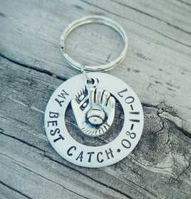 MY BEST CATCH baseball glove keychain - Anniversary Gifts for Him - Baseball Guy Gift - Keepsake Wedding Date Key Ring - Personalized