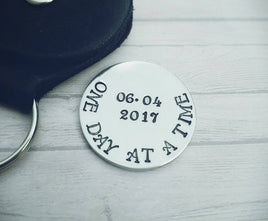 One Day at a Time - Sobriety Token - Sobriety Coin With Leather Case Key Ring - Recovery Gift - One Year - Hand Stamped Personalized Date