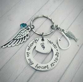 Son Memorial - Always in my heart - Fishing Son Keychain - I miss you dad - Sympathy Gift - Parent Loss - I have an Angel - Fishing Memorial