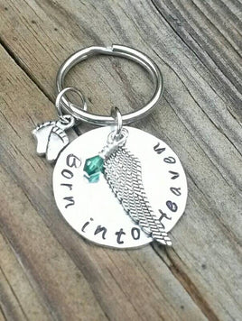 Born into Heaven baby loss keychain with birthstone* Angel wing style may vary depending on availability *