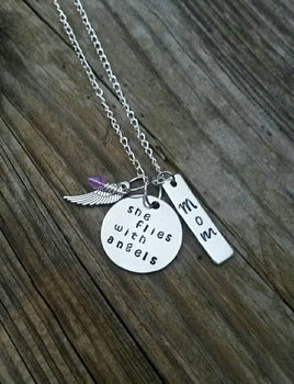 Personalized "She flies with angels" "He flies with angels" Dad Mom Memorial hand stamped custom made birthstone necklace