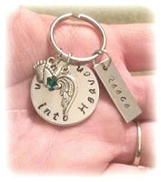 
              Born into Heaven baby loss keychain with birthstone* Angel wing style may vary depending on availability *
            