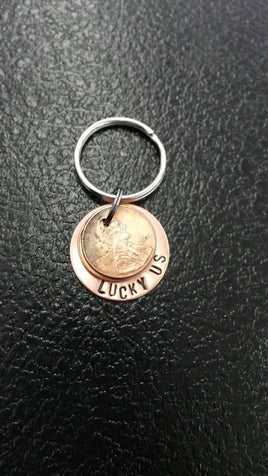 1 Lucky Us Penny Keychain with up to 2 pennies * Years of children's birthdays * Marraige Year* Any year you'd like *Hand Stamped Copper