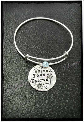 Chase your dreams dandelion bracelet - Expandable - Swarovski Crystal Birthstone - Personalize - Made to Order - Hand Stamped - Sobriety