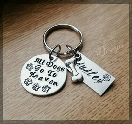 All Dogs Go To Heaven Personalized with pet's name * Hand Stamped Keychain * Paw Prints* Dog bone charm