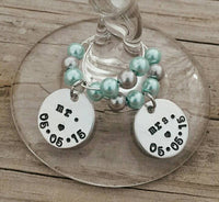 
              Set of 2 Mr.& Mrs. Wine Glass Charms - Hand Stamped - Personalized with Wedding Date - You choose pearl colors
            