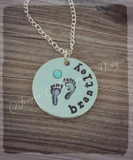 Personalized Hand Stamped Baby Feet Necklace - You choose Name and Birthstone or crystal color - New Mom Mother's Day Gift - New Baby