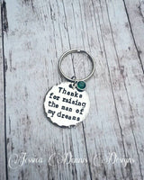 
              Thanks for raising the man of my dreams keychain - Hand Stamped - Choose your swarovski crystal color - Mother in law gift - Wedding
            