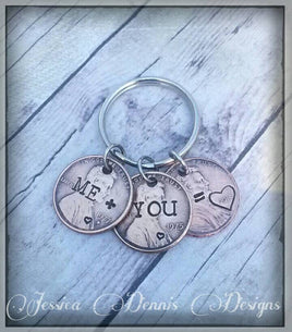 ME + YOU = LOVE * Couples Keychain * Penny Keychain * Birth year of husband and wife * Wedding or Anniversary Year * Hand Stamped * Rustic