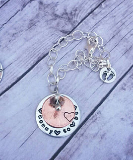 Mommy to be charm bracelet with baby feet and pacifier charm* Penny Year of your choice * hand stamped