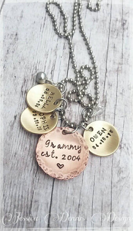 Mixed Metals Grandma Mom Necklace - Children's names - Dates - Birthdates - Personalized -Cluster Necklace