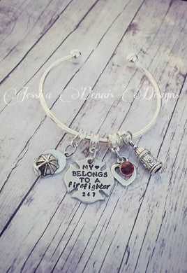 My heart belongs to a firefighter - Hand Stamped Bracelet - Fits European beads - Personalized w/ Badge number - Firefighter's Wife/gf