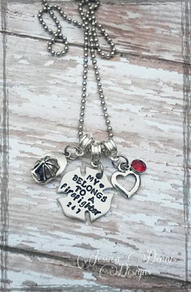 My heart belongs to a firefighter - Hand Stamped Necklace - Personalized w/ Badge number - Firefighter's Wife/gf