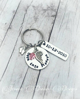 Born into Heaven baby loss keychain with birthstone and name or date tag* Angel wing style may vary depending on availability *