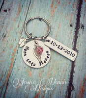 
              Born into Heaven baby loss keychain with birthstone and name or date tag* Angel wing style may vary depending on availability *
            