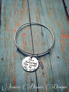 She believed she could so she did - Expandable Style Expandable Bangle Bracelet - Feather Charm - Success Gift - Sobriety Gift
