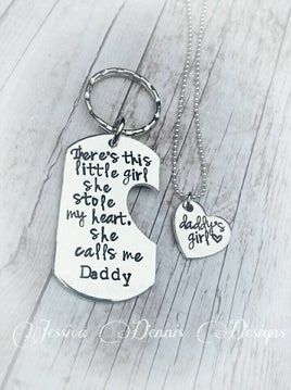 There's this little girl she stole my heart - Keychain and necklace (s) set - Father's Day - Hand Stamped - Custom Made - Guy gifts