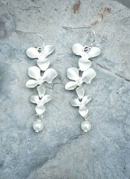 Wedding Earrings - Orchid Cascading Earrings - Pearl - Silver - Wedding Jewelry Set - Orchid earrings - Bridesmaid Jewelry - Flower Necklace