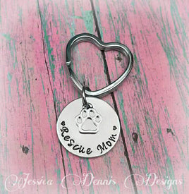 Rescue Mom Keychain * Hand Stamped * Can be personalized* Heart shaped key ring*LIMITED QUANTITY