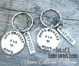 Set of 2 Home Sweet Home - New Homeowners Gift - Personalized - House Warming Gift - New Home Keychain - Couples Keychain Set- Metal Stamped