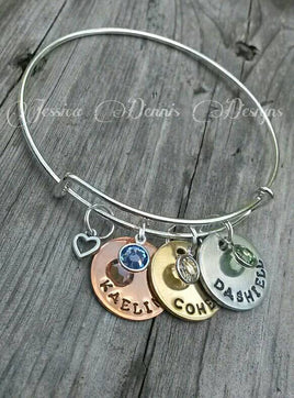 Mother's Bracelet - Grandmother's Bracelet - Mixed Metals - Swarovski Birthstone Crystals - 3 Names - Disc Bracelet