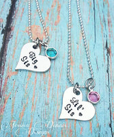 
              Sister Necklace Set - Big Sis - Little Sis - Birthstone Necklaces - Sister gift - Hand Stamped - Heart Necklace Set - Sissy Necklace
            